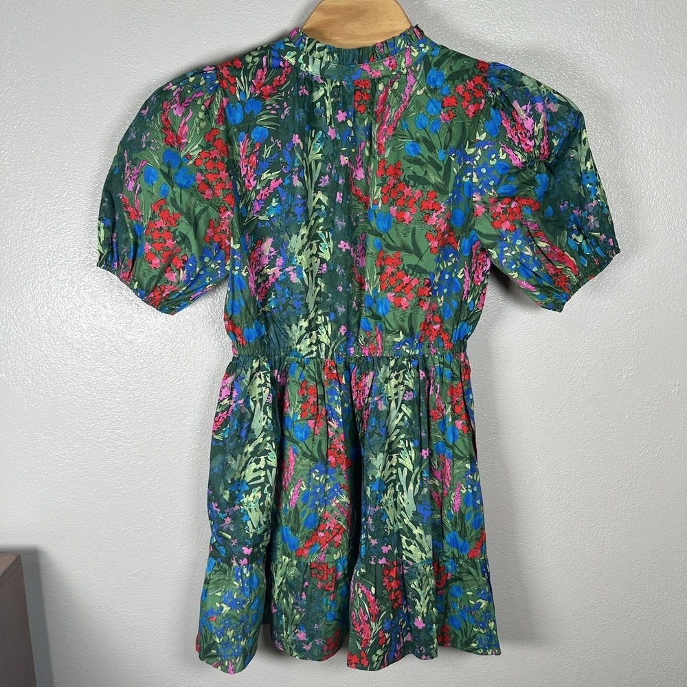 NEW Sugarlips Green Red Floral A-Line Dress Size Large Puff Sleeve V-Neck Cotton - Picture 3 of 5
